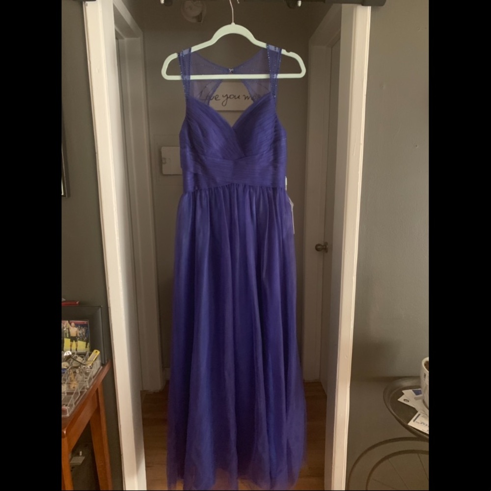 Floor length deep blue bridesmaid dress